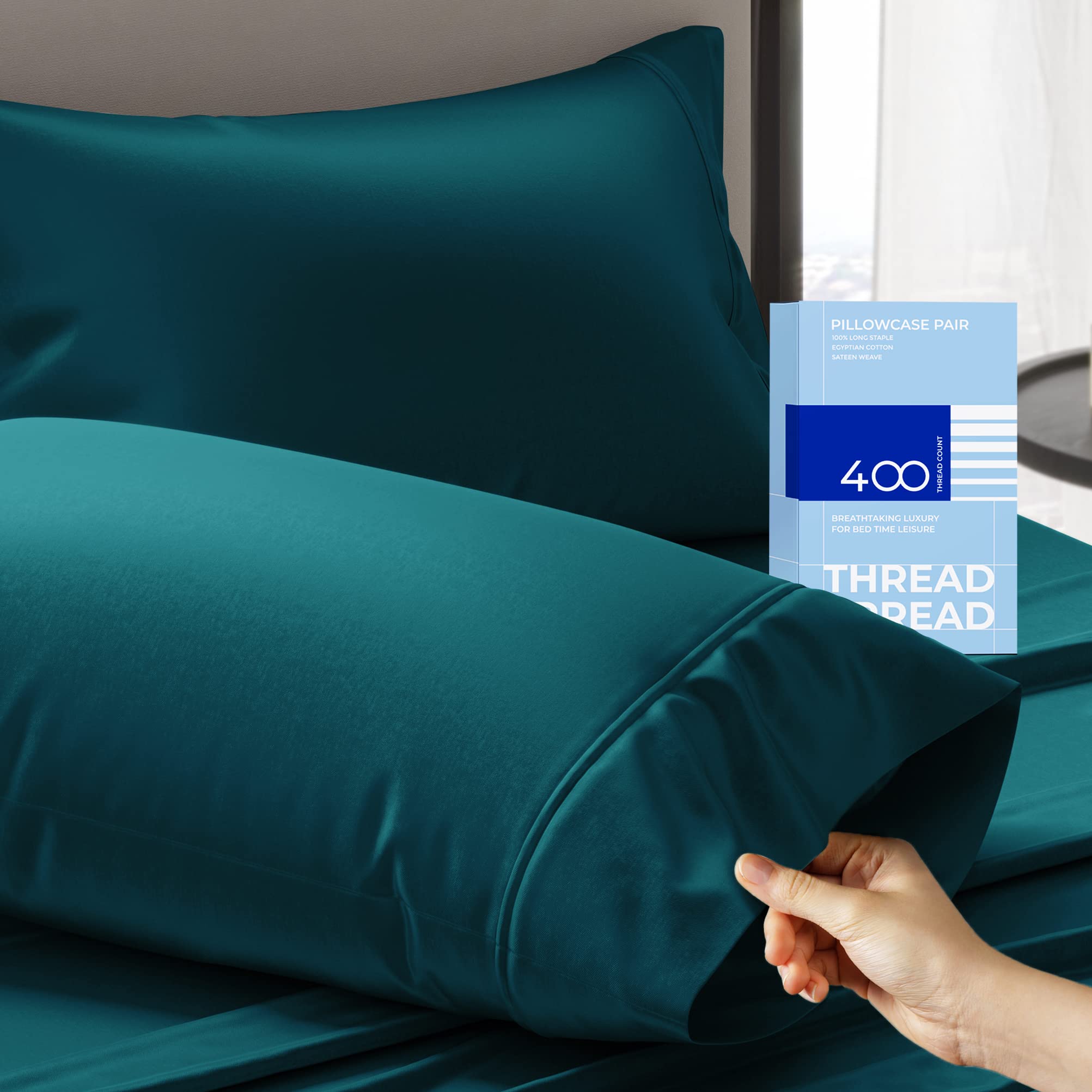 Thread Spread Glee King Size Pillow Cases 2 Pc, Soft & Smooth 100% Cotton Pillowcases, 400 Thread Count Sateen Weave, Teal Pillow Covers - Perfect For Home, Hotels & Hospital Use