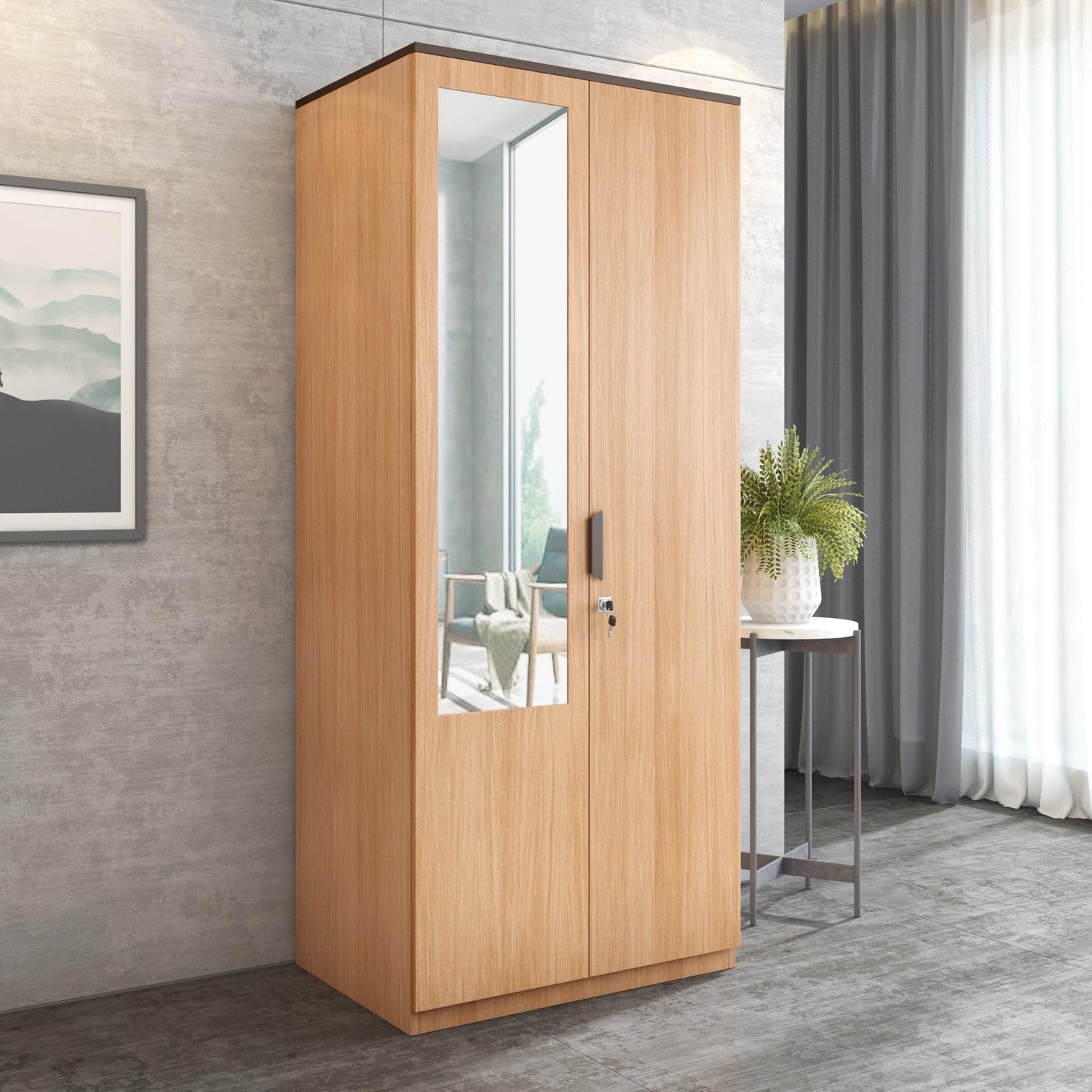 Nilkamal Milford Neo 2 Door Wooden Wardrobe With Mirror For Bedroom | Almirah With 1 Hanging Rod, 1 Lockable Drawer & 3 Shelves 