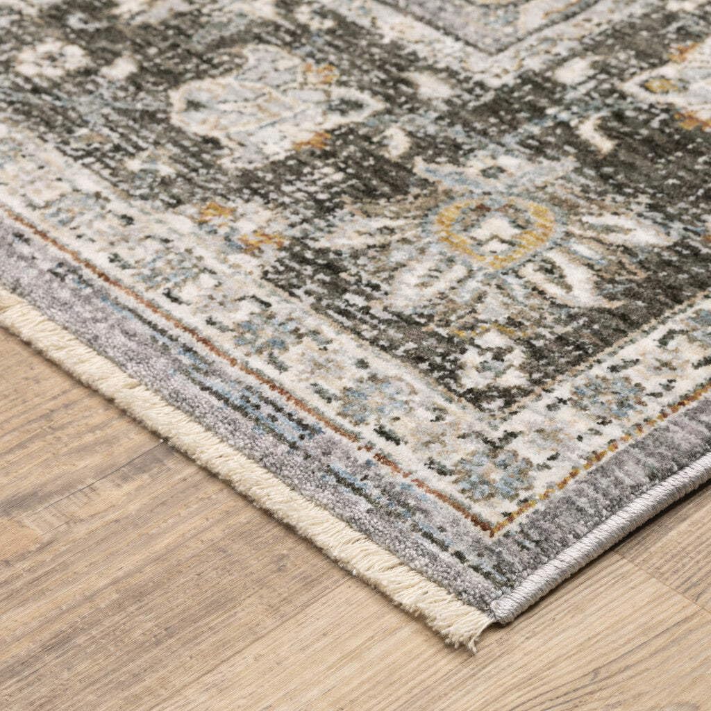 HomeRoots 509434 10 x 13 ft. Gray & Blue Oriental Power Loom Stain Resistant Rectangle Area Rug with Fringe