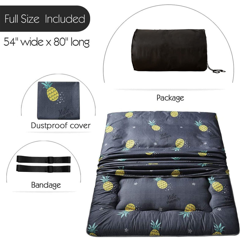 Grey Pineapple Japanese Floor Futon Mattress, Tatami Floor Mat Portable Camping Mattress Kids Sleeping Pad Foldable Roll Up Floor Lounger Couch Bed Full Size With Mattress Protector Cover