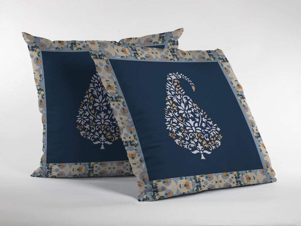 HomeRoots White and Orange On Navy 20â€ Orange Navy Paisley Suede Decorative Throw Pillow