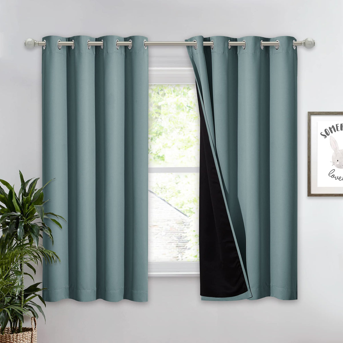 Nicetown Greyish Blue 100% Blackout Lined Curtain, 2 Thick Layers Completely Blackout Window Treatment Thermal Insulated Drape F