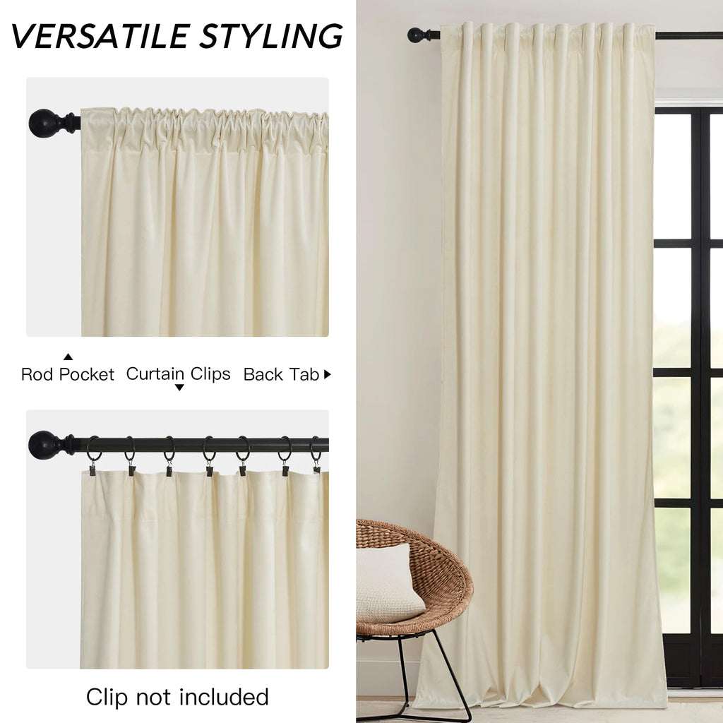 Ryb Home 90 Inches Beige Velvet Curtains - Rod Pocket & Back Tab Super Soft Winter Window Panels Privacy Theraml Insulted Drapes For Bedroom Bathroom, W52 X L90, 1 Pair