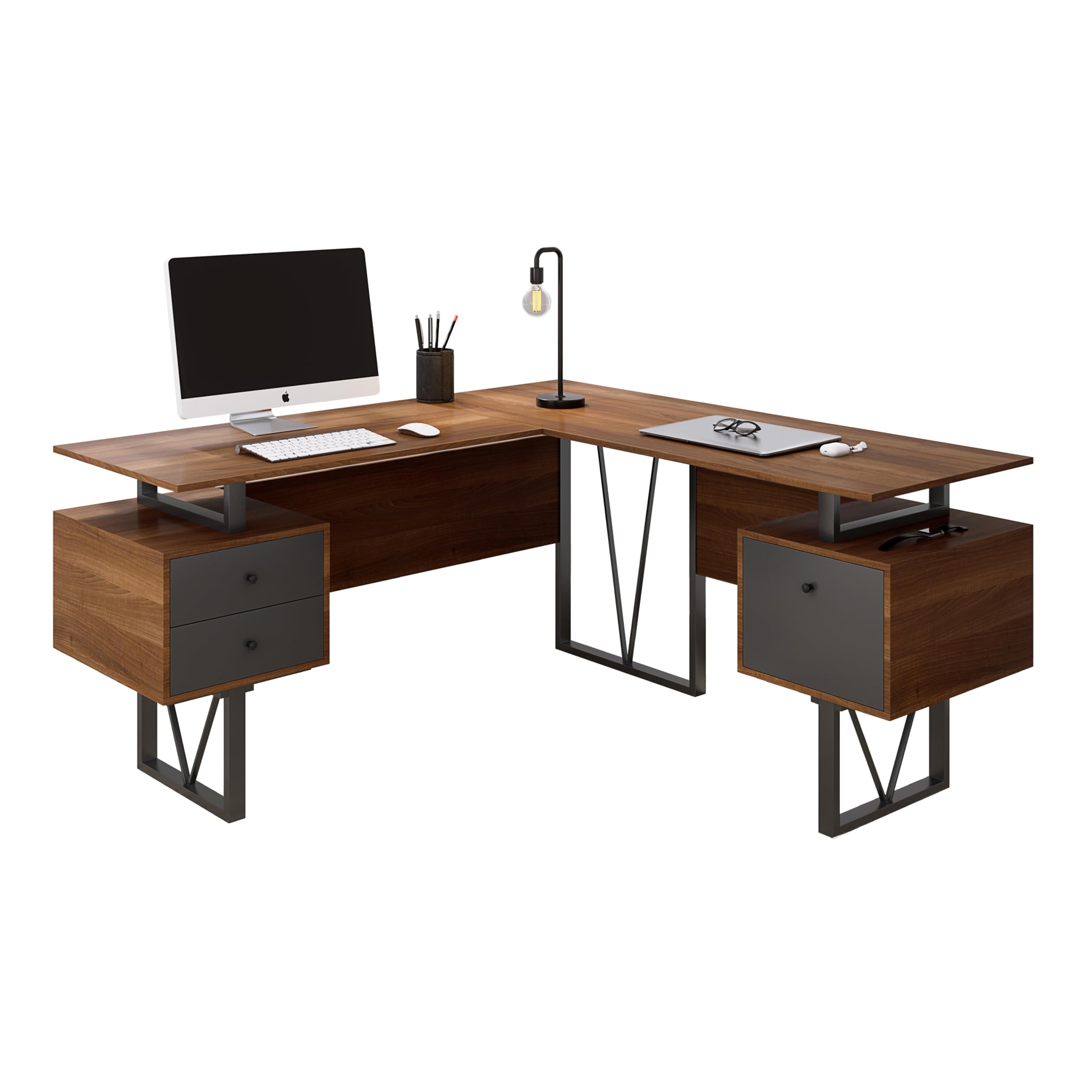 Techni Mobili Reversible L Shaped Desk With File Cabinet And Drawers 59” W – Modern Versatile L Shaped Office Desk With Drawers And File Cabinet - Brown