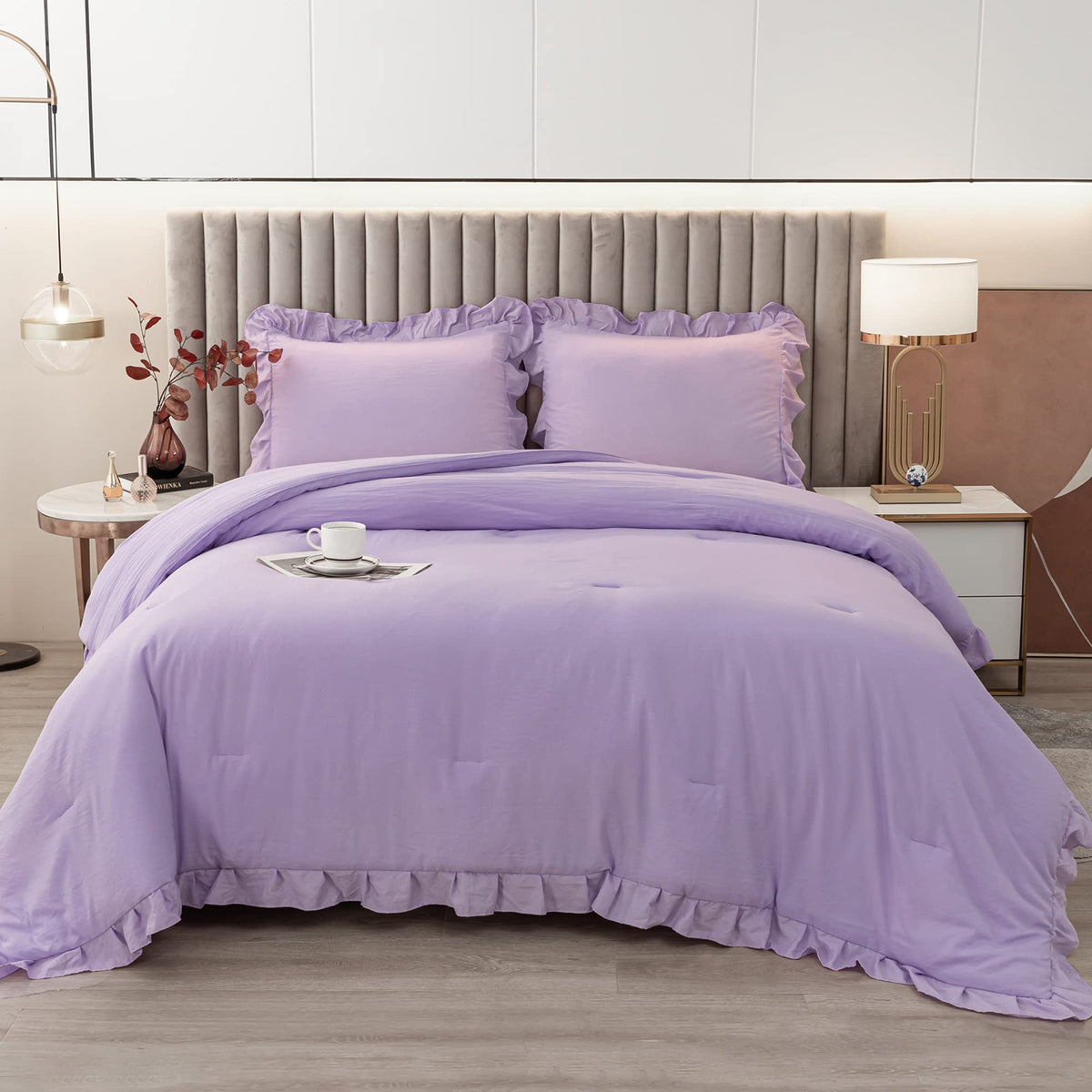 Andency Lavender Ruffle Comforter Full(79X90Inch), 3 Pieces(1 Ruffled Comforter And 2 Pillowcases) Solid Farmhouse Shabby Chic C