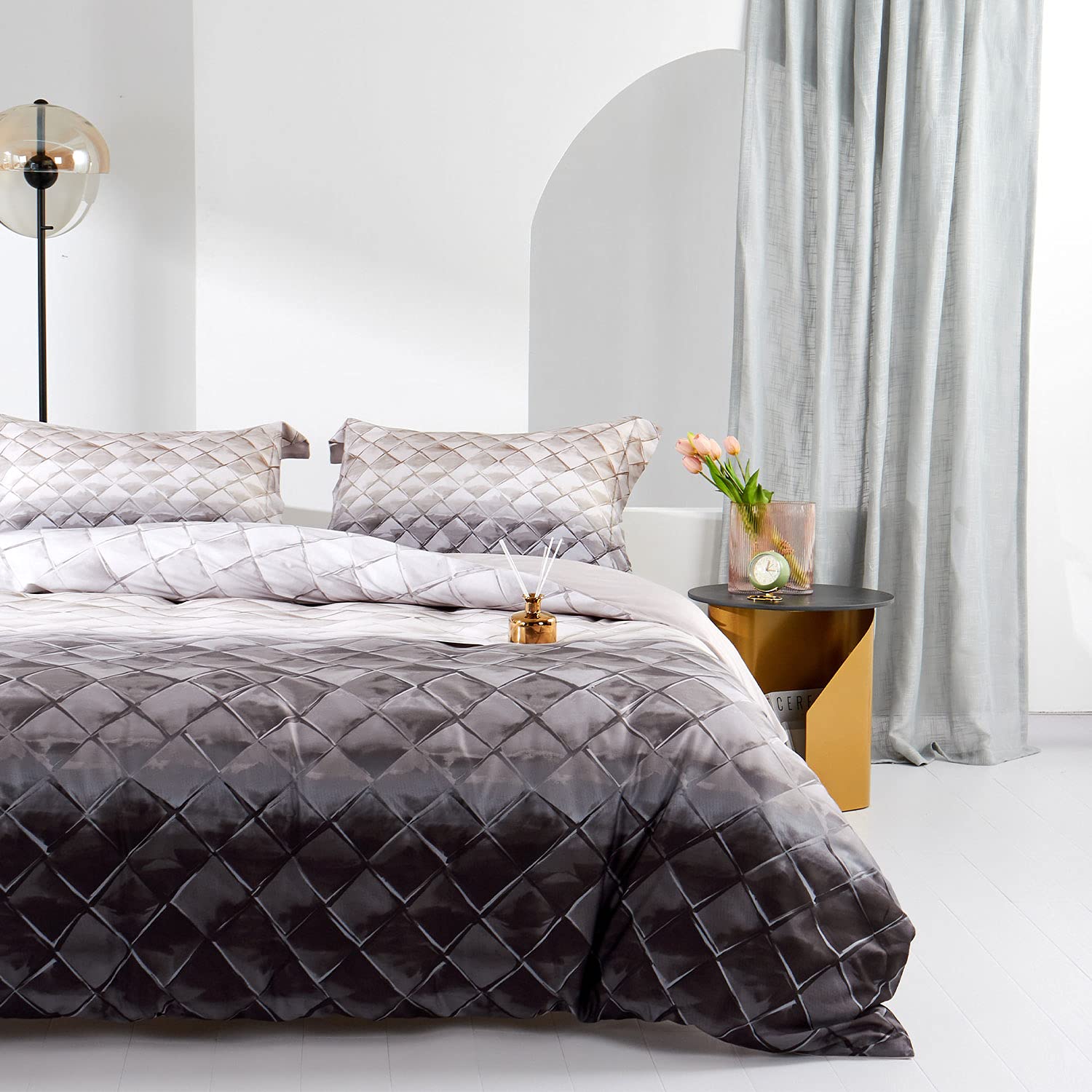 Mildly 100% Long-Staple Cotton Duvet Cover Set Gray Beige Geometric Pattern Printed Comforter Cover 3Pcs, Ultra Soft & Breathabl