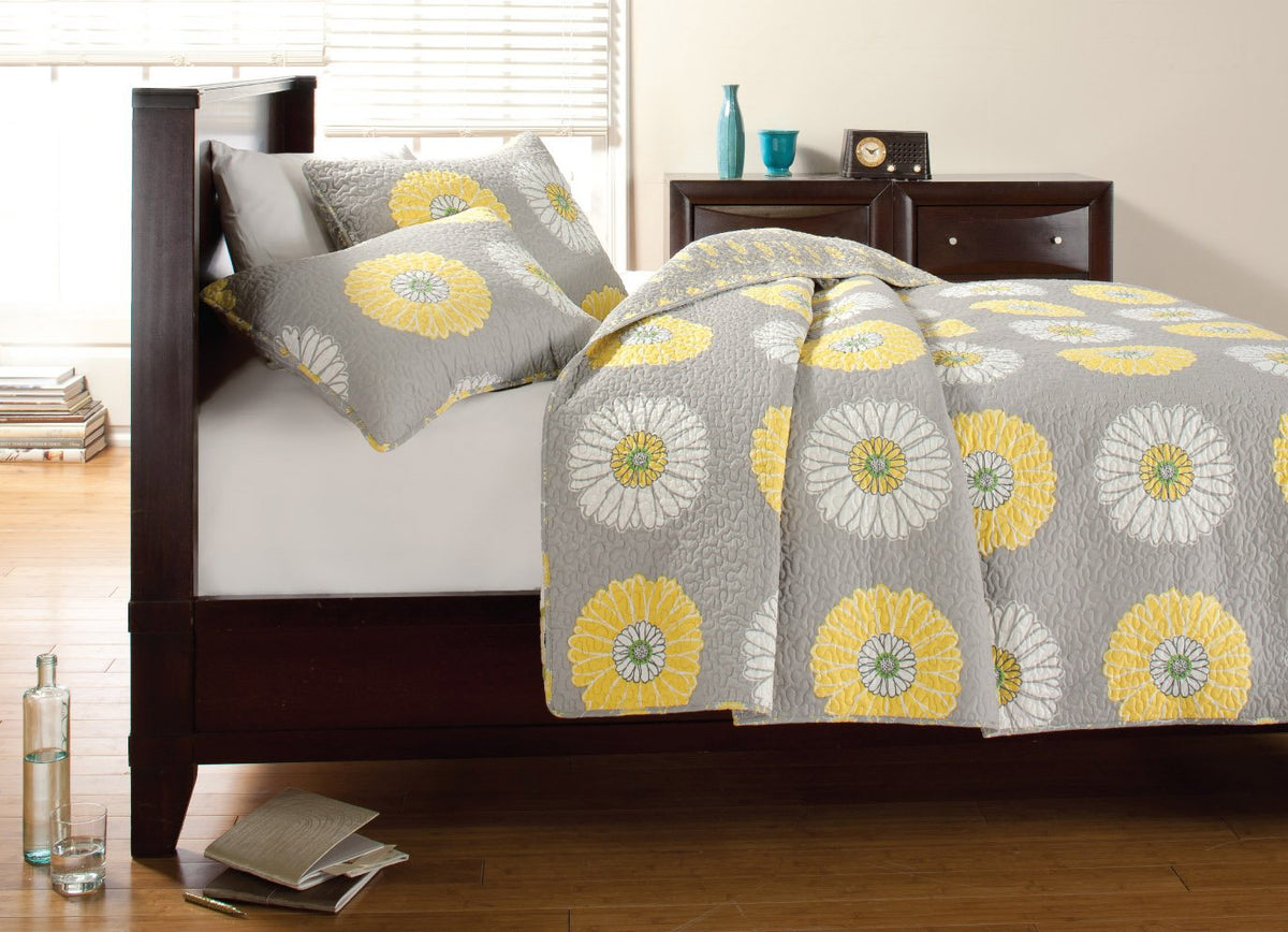Cozy Line Home Fashions Yellow White Gray Daisy Sunflower Floral Reversible Quilt Bedding Set, Bedspread, Coverlet Lightweight F