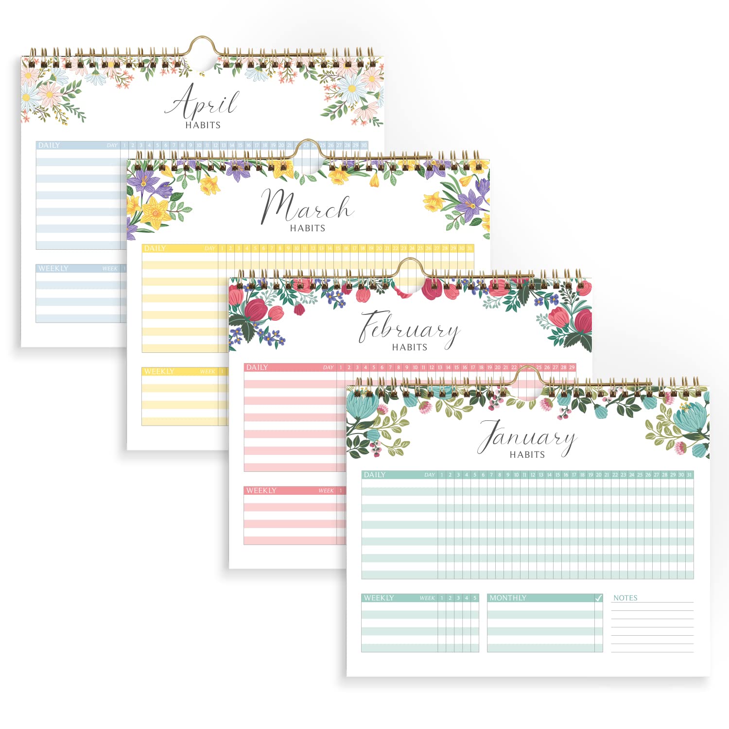 S&O Floral Habit Tracker Calendar - 24 Month Daily Tracker Journal - Routine Planner With Personalized Goal Chart For Fitness, F
