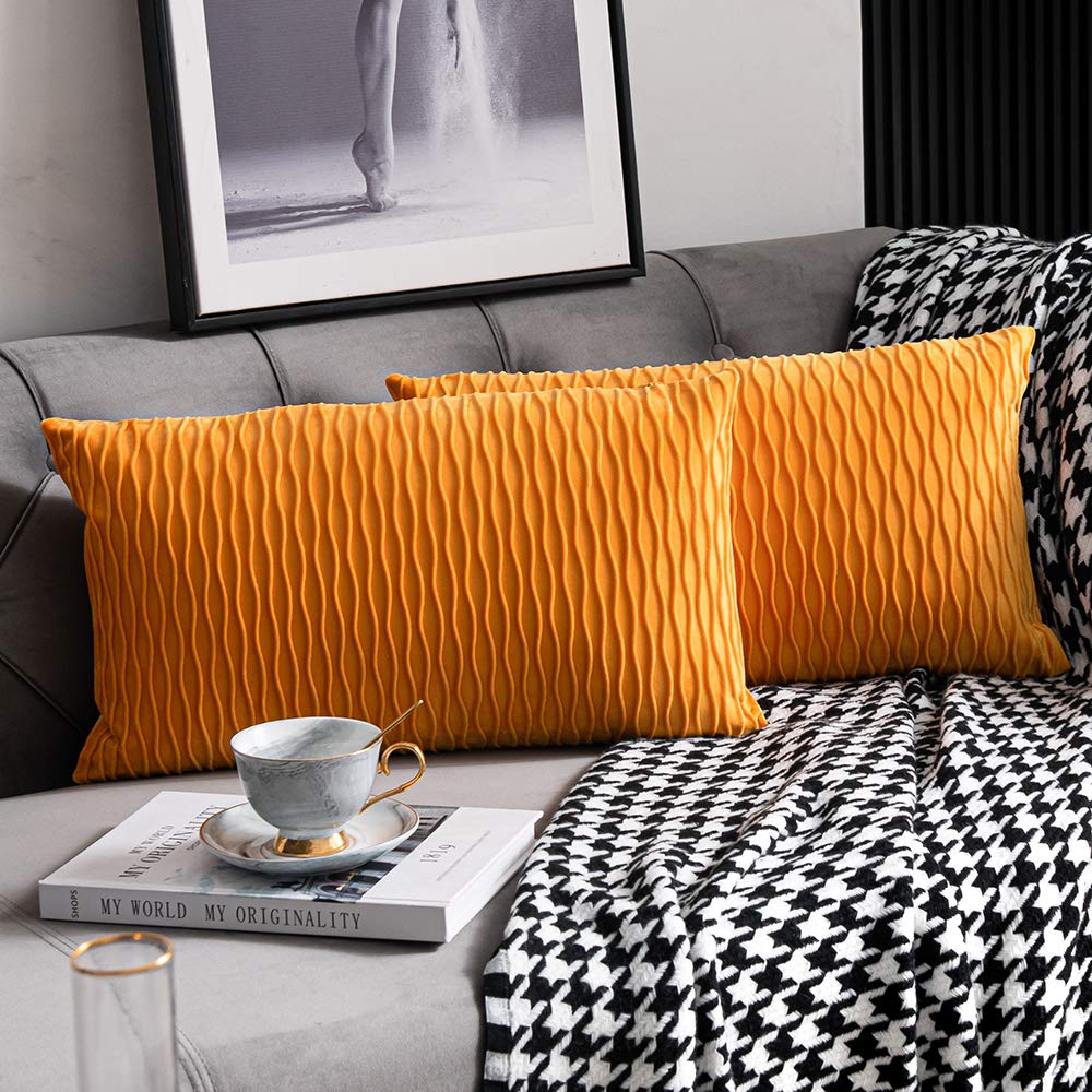 Dezene Fall Golden Yellow Couch Pillow Covers: 2 Pack 12X20 Inch Original Striped Polyester Rectangular Throw Pillow Cases For F