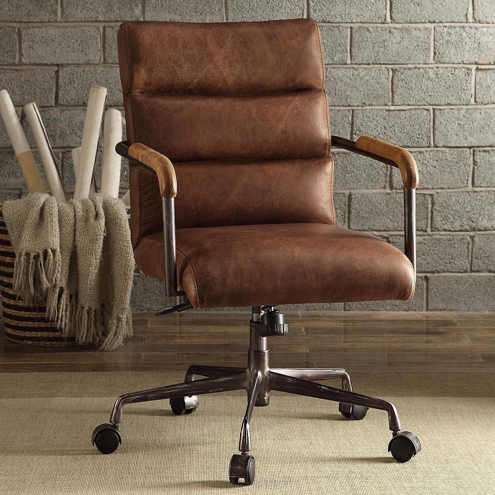 Acme Furniture Harith Leather Upholstered Swivel Office Chair in Retro Brown