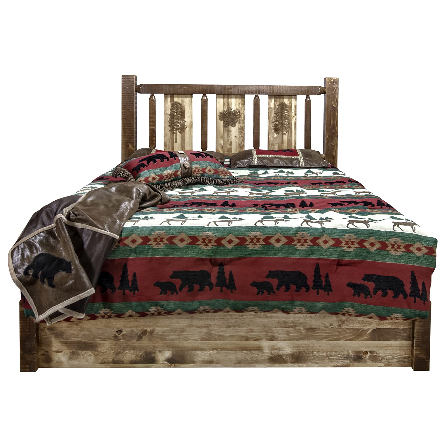 Montana Woodworks Homestead Collection Platform Bed w/Storage, California King w/Laser Engraved Pine Design, Stain & Clear Lacquer Finish