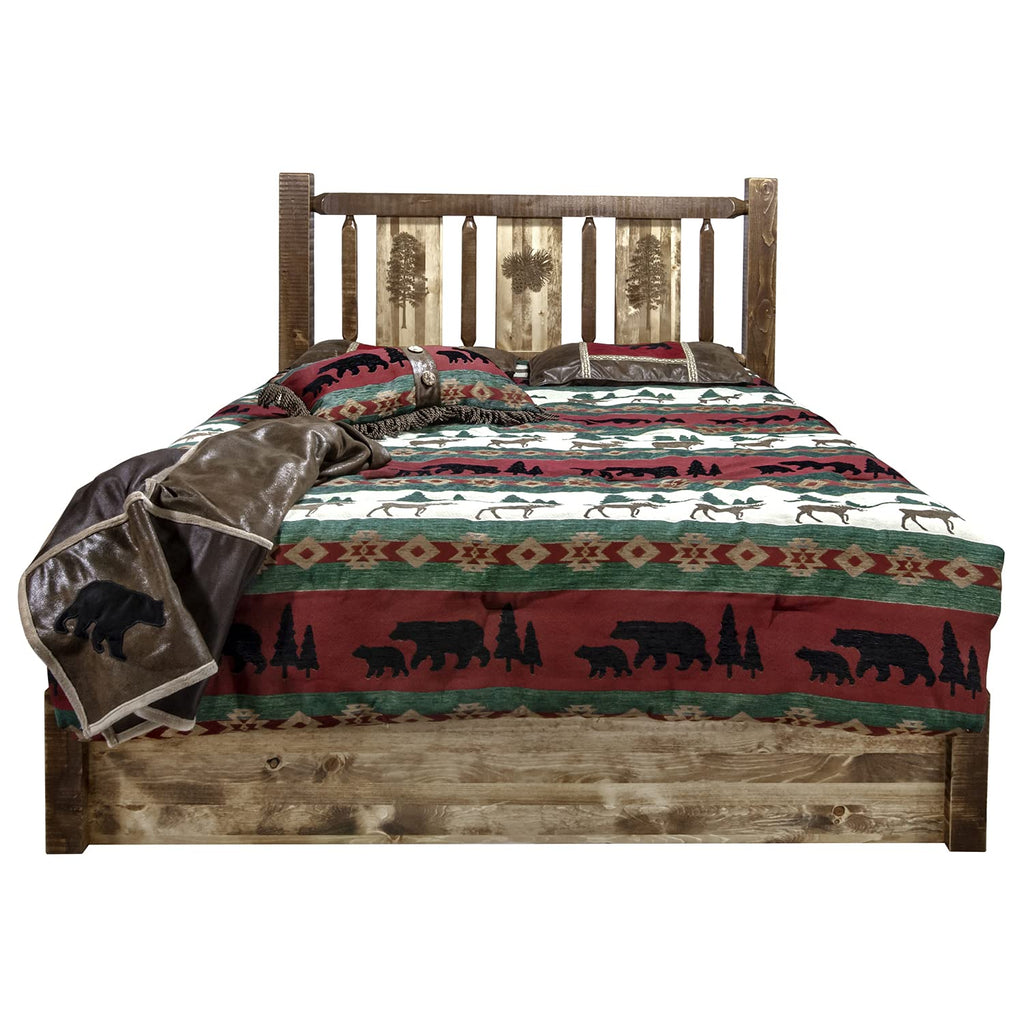 Montana Woodworks Homestead Collection Platform Bed w/Storage, California King w/Laser Engraved Pine Design, Stain & Clear Lacquer Finish