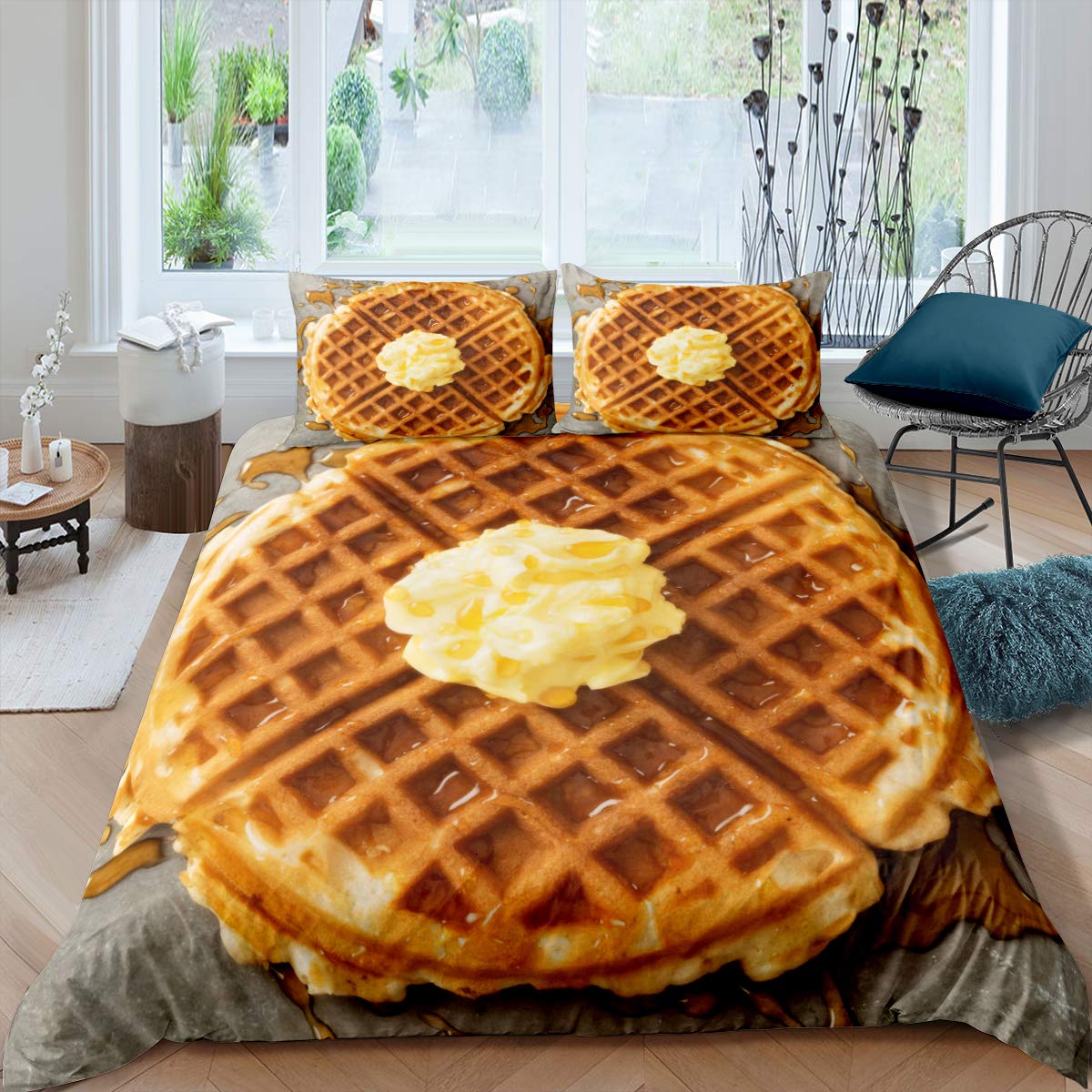Erosebridal Waffles Comforter Cover Food Theme Bedding Set For Kids Child Lady,Cream Dessert Duvet Cover Novelty Funny Biscuit Q