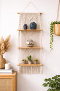 3 Tier Macrame Wall Hanging Shelf With Wooden Shelves