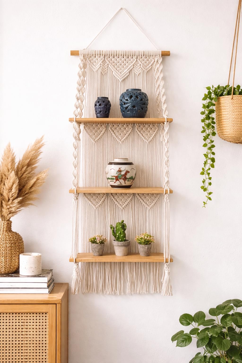 3 Tier Macrame Wall Hanging Shelf With Wooden Shelves