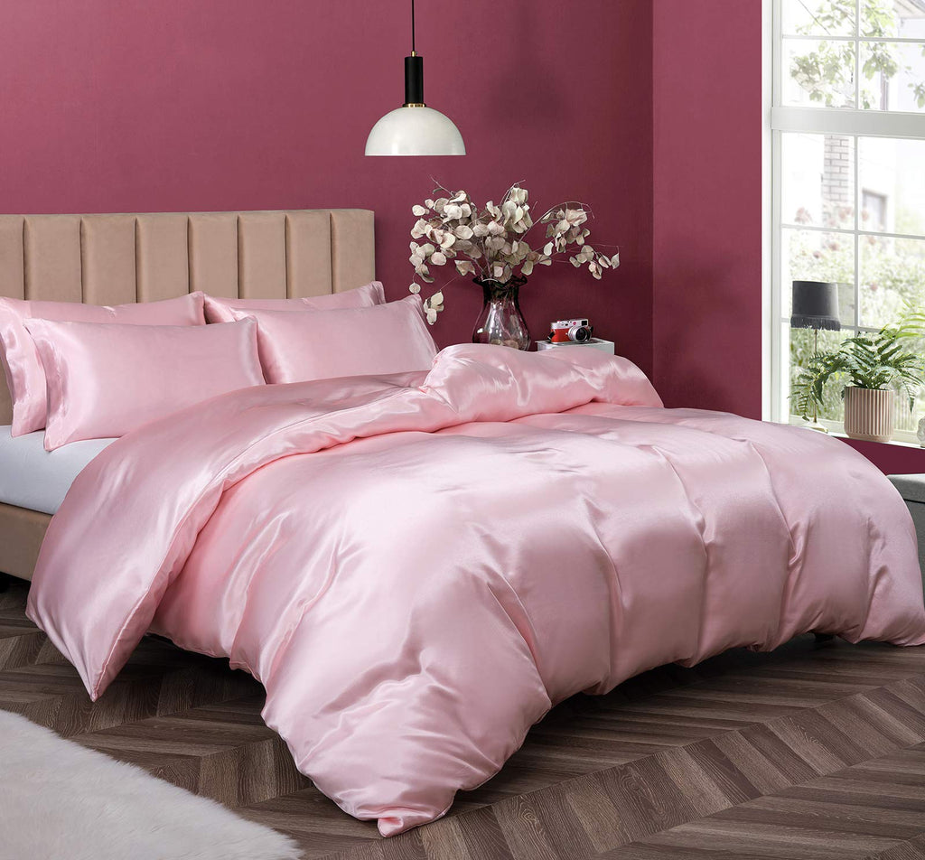 P Pothuiny 5 Pieces Satin Duvet Cover Full/Queen Size Set, Luxury Silky Like Blush Pink Duvet Cover Bedding Set With Zipper Clos