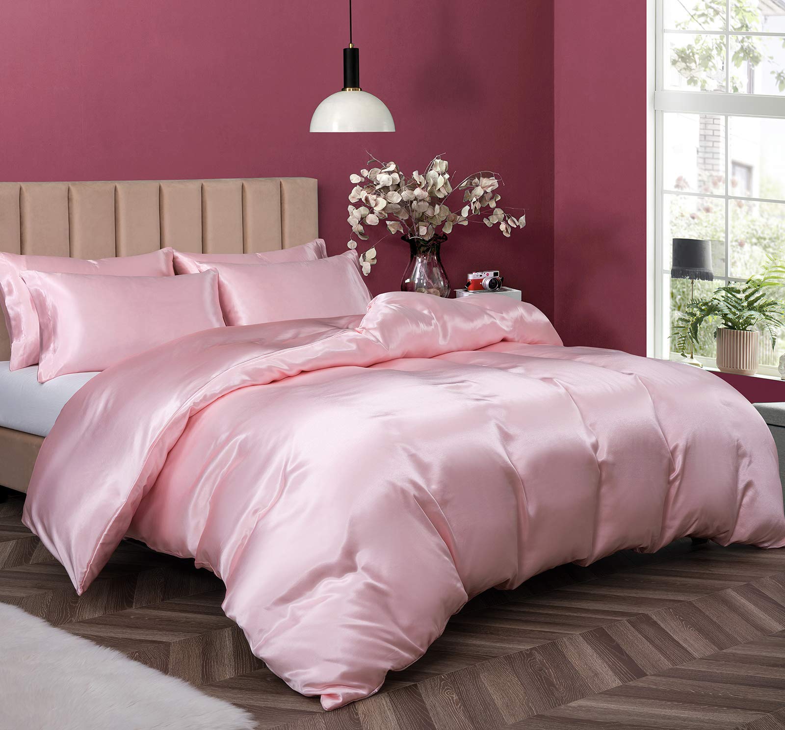 P Pothuiny 5 Pieces Satin Duvet Cover Full/Queen Size Set, Luxury Silky Like Blush Pink Duvet Cover Bedding Set With Zipper Clos