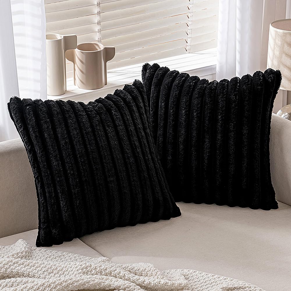 Miulee Black Throw Pillow Covers 18X18 Inch Set Of 2 Fuzzy Striped Soft Pillowcase With Velvet Back Faux Rabbit Fur Cushion Cove