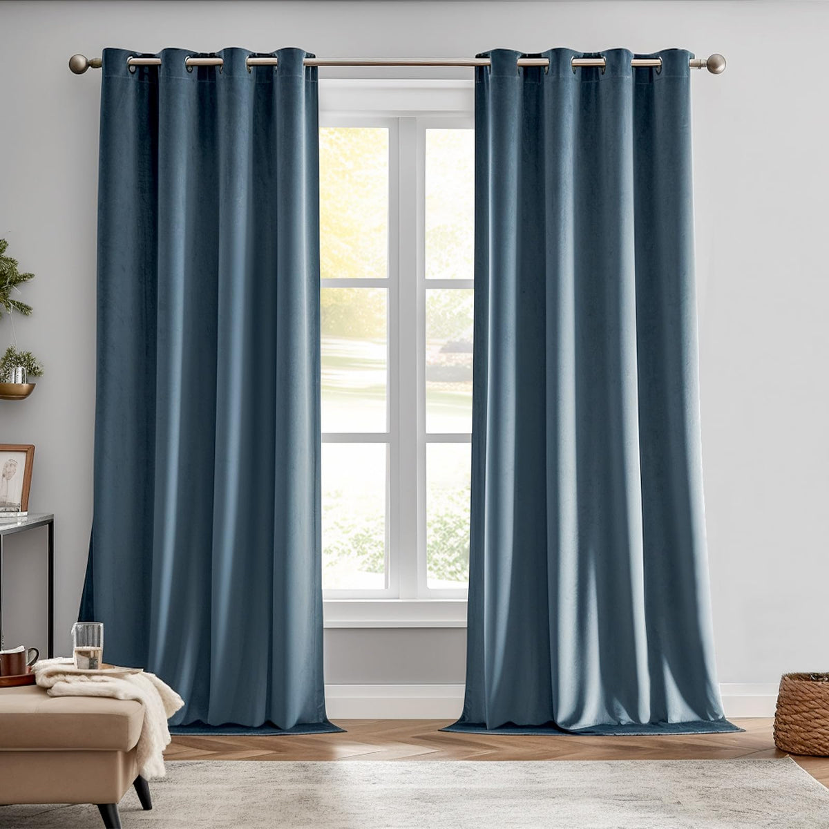 Jinchan Velvet Curtain For Living Room, Blue Thermal Insulated Luxury Drape For Bedroom 90 Inch Long, Stylish Design Soft Privac