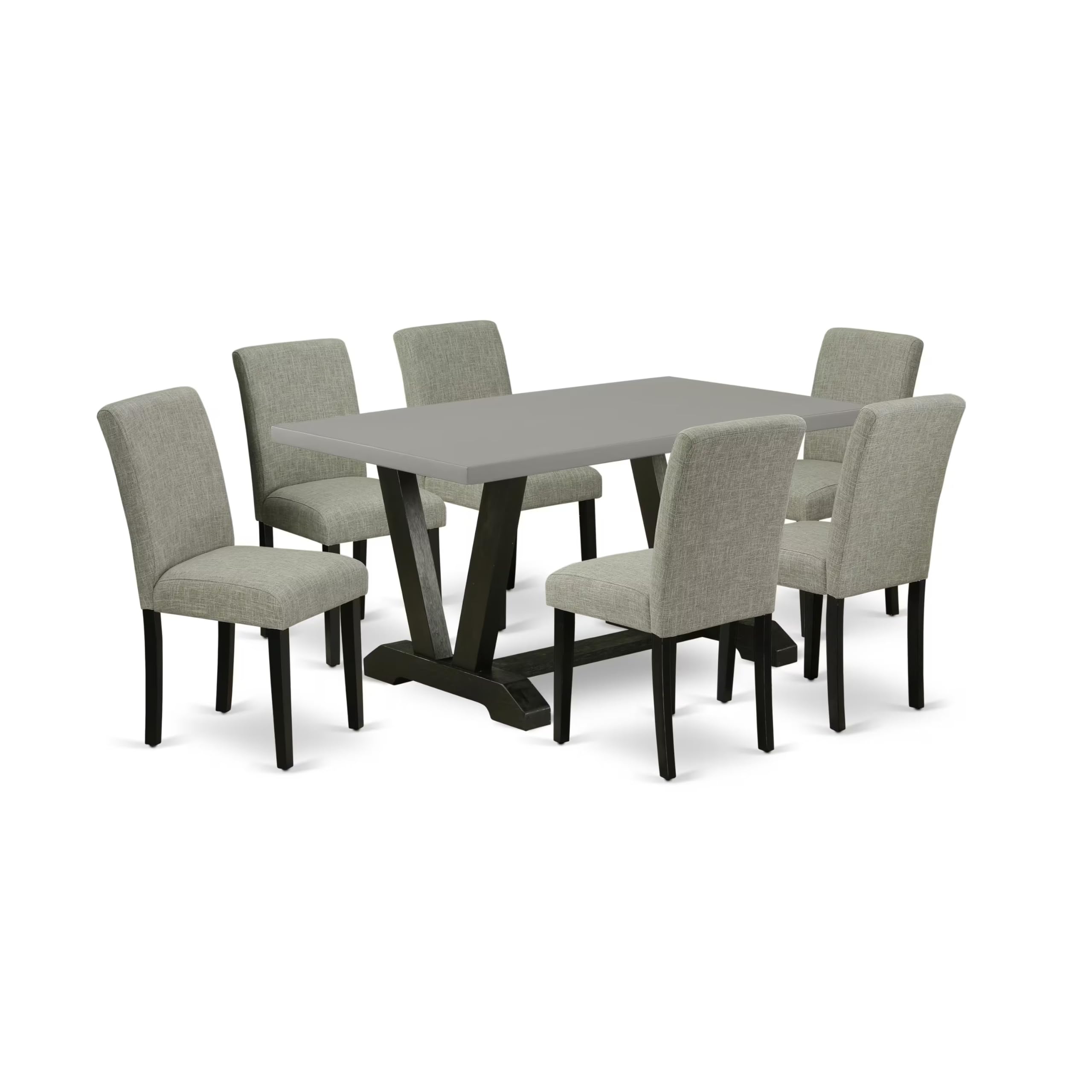 East West Furniture V-Style 7 Piece Set Consist Of A Rectangle Dining Room Table With V-Legs And 6 Shitake Linen Fabric Upholstered Chairs, 36X60 Inch, Multi-Color