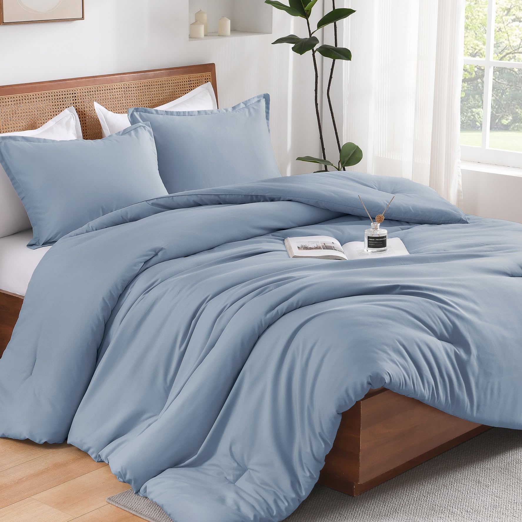 Andency Grayish Blue King Size Comforter Set, 3 Pieces Solid Blue Bed Comforter Set, Lightweight Fluffy Blue Bedding Comforter Set For All Season(104X90In Comforter & 2 Pillowcases)