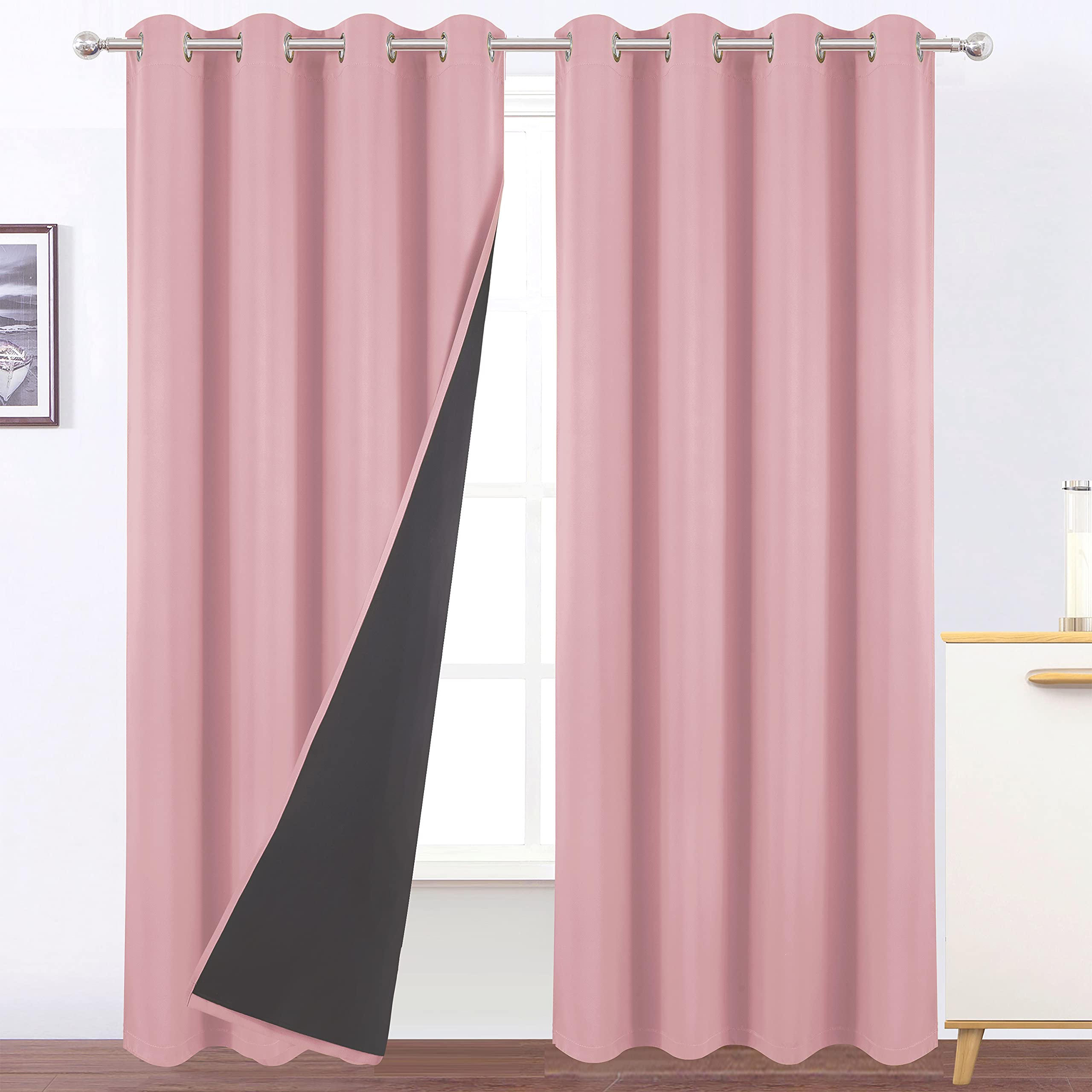 LEMOMO 100% Blackout Curtains 52 x 95 Inch/Pink Curtains 2 Panels with Black Lining Room Darkening Thermal Insulated Bedroom Cur