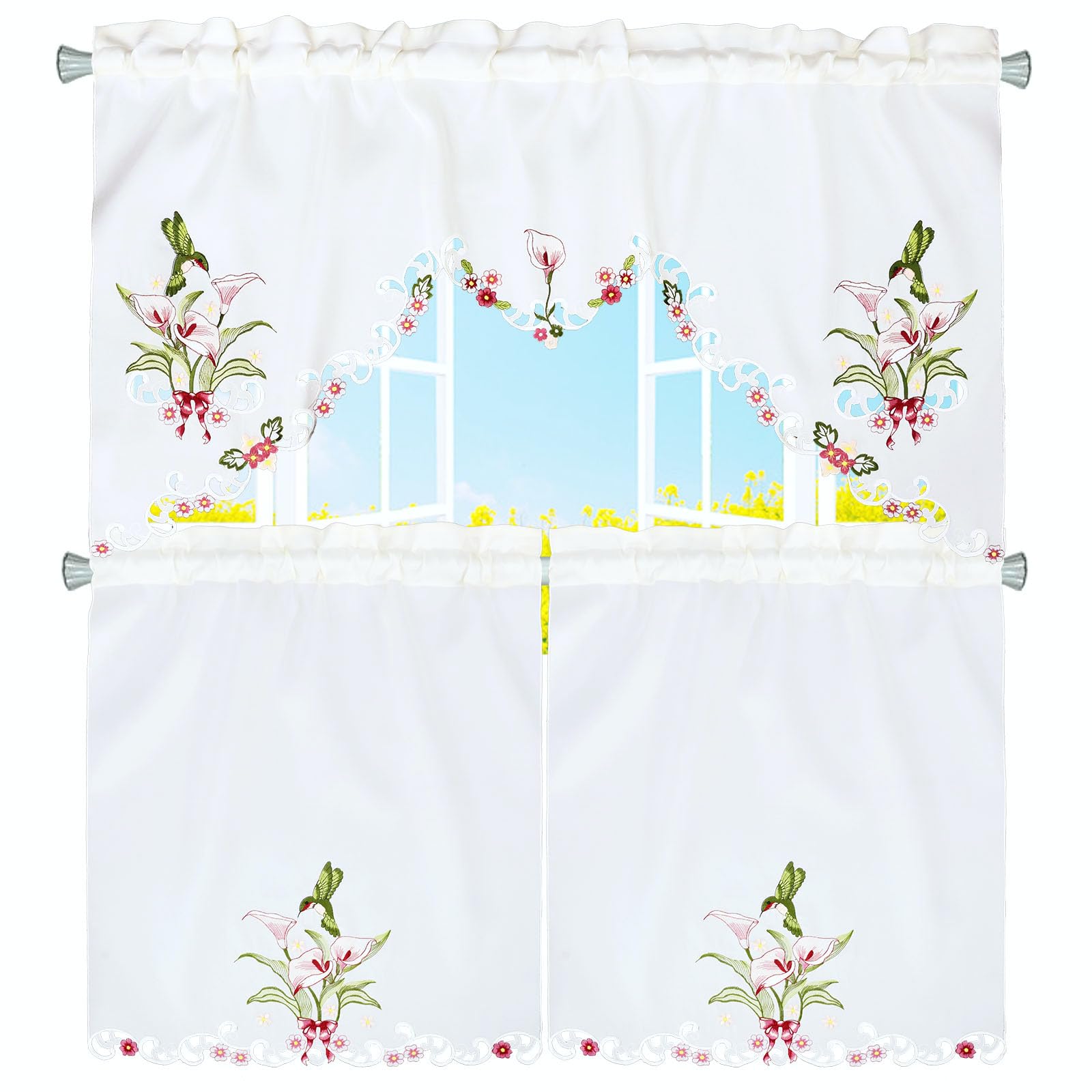 Simhomsen Embroidered Hummingbird Kitchen Window Curtain Swag and Tiers Set for Spring and Summer (Hummingbird)