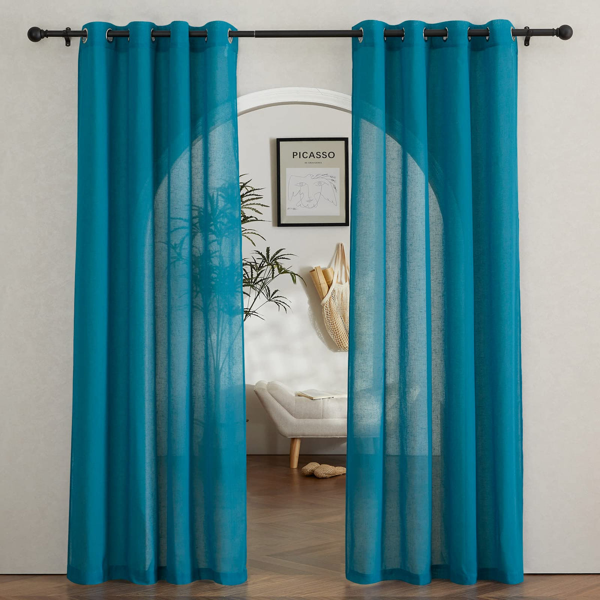Nicetown Semi Sheer Curtains Flax Linen Texture, (Peacock Green) Grommet Retro Window Treatment Linen Weave Vertical Drapes Priv