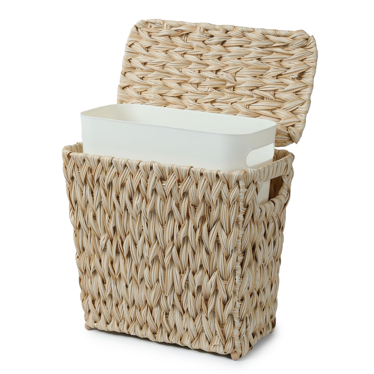 YANGQIHOME Water Hyacinth Bathroom Trash Can with Lid, Slim Rectangular Woven Waste Basket with Removable Waterproof Inner Bin, 