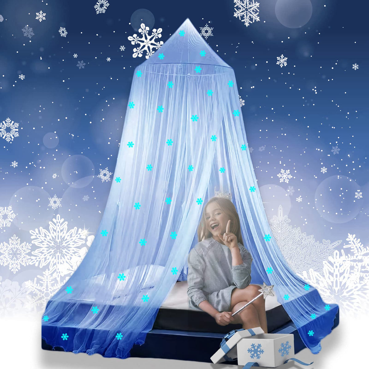 Eimilaly Princess Bed Canopy Glow In The Dark, Christmas Snowflakes Bed Canopy For Girls Room Decor, Encrypted Fabric, Blue