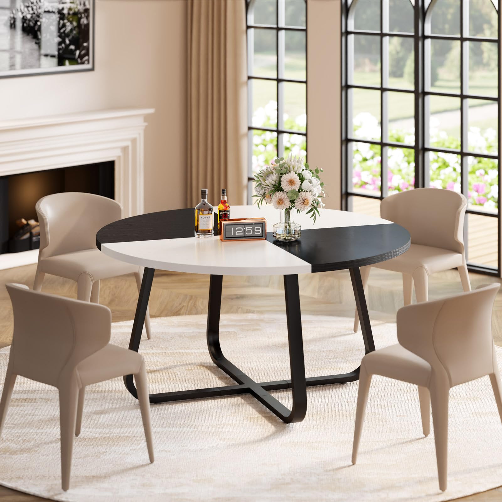 Lvb Round Dining Table, Modern Wood Metal Kitchen Table, Industrial Small Dinner Room Table For 4 To 6 People, White And Black O