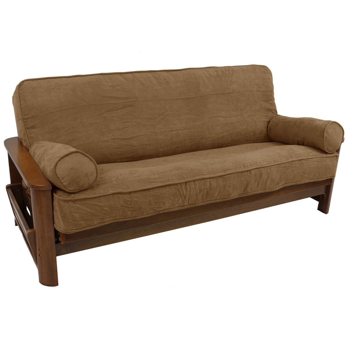 Blazing Needles Solid Microsuede Double Corded 8&quot; to 9&quot; Futon Cover Set with 2 Bolster Pillows (Set of 3), Full, Saddle Brown