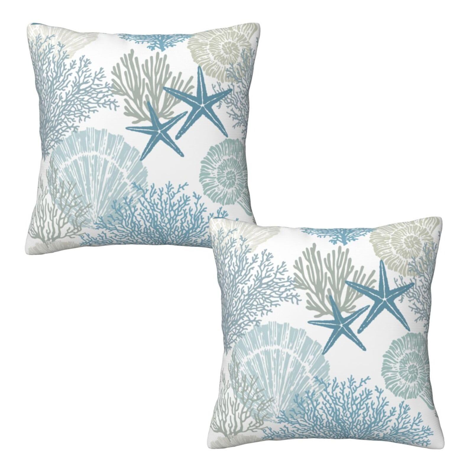 Nautical Coastal Beach Pillow Covers 18X18 Set Of 2, Ocean Themed Seashell Coral Starfish Throw Pillow Covers Outdoor Decorative