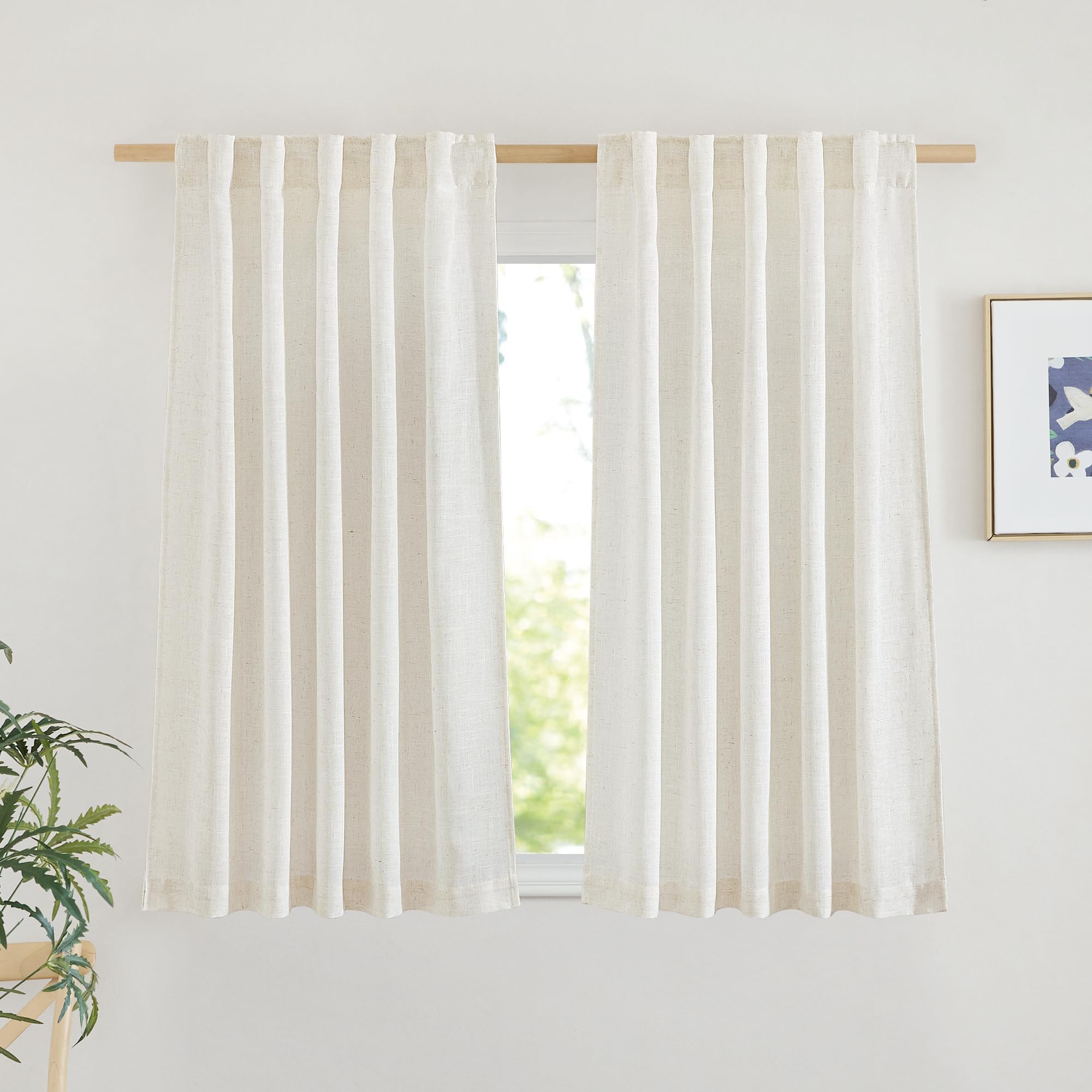 Nicetown Linen Curtains 48 Inches Long, Rod Pocket & Back Tab Flax Linen Weave Window Treatments Privacy With Light Filtering Fo