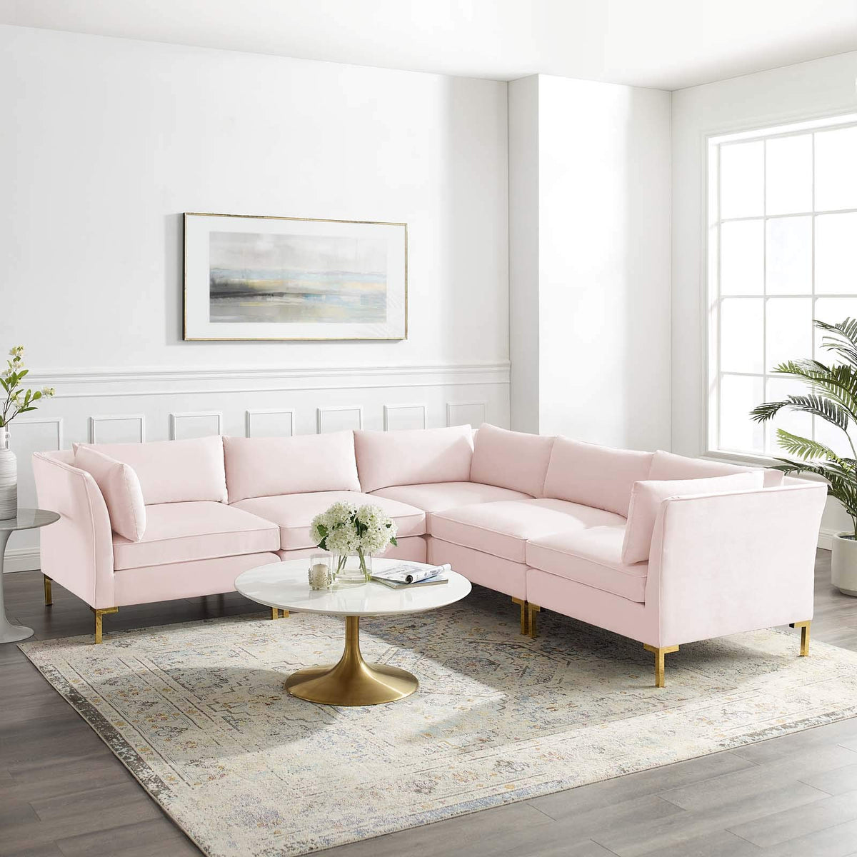 Modway Ardent Performance Velvet Sectional Sofa, 5 Piece L-Shape, Pink