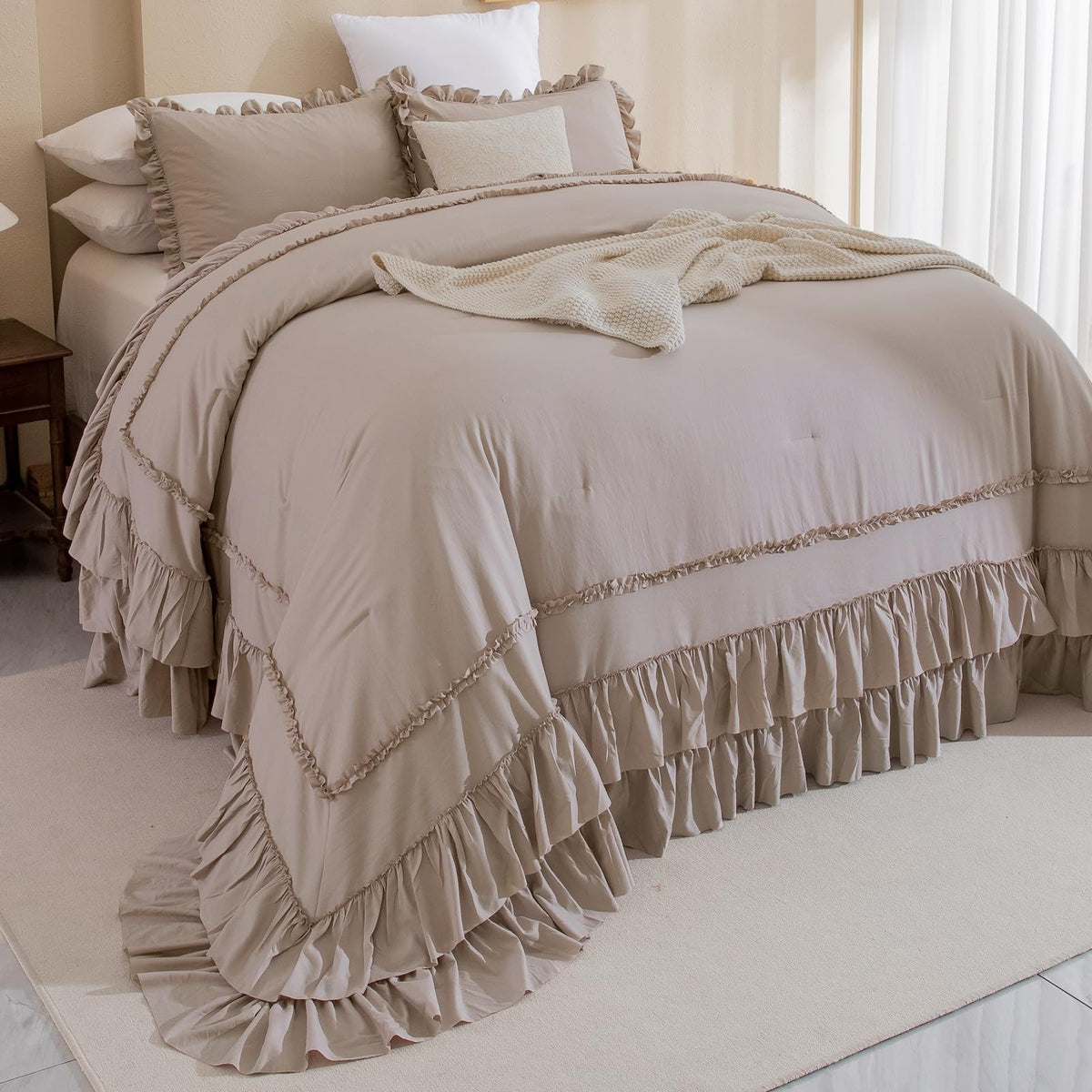 Masaca Oversized King Comforter 120X120,3 Pieces Farmhouse Taupe Ruffle Bedding Comforter,Oversized Shabby Boho Chic Cal King Be