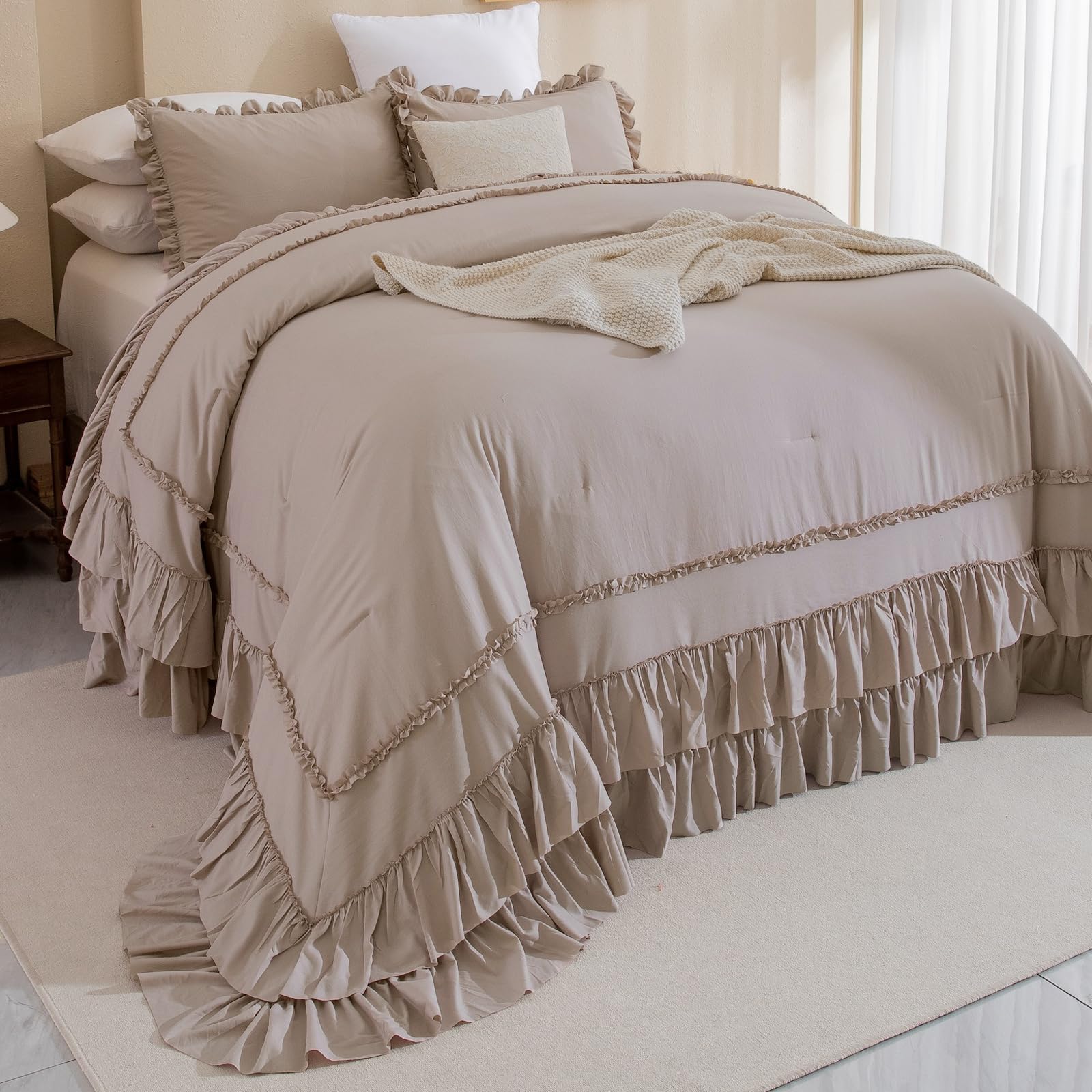 Masaca Oversized King Comforter 120X120,3 Pieces Farmhouse Taupe Ruffle Bedding Comforter,Oversized Shabby Boho Chic Cal King Be