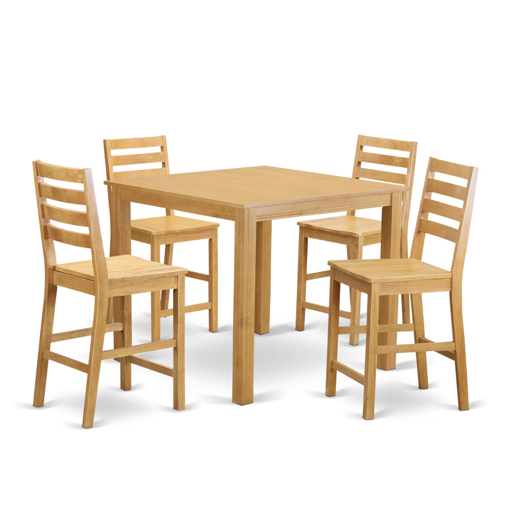 East West Furniture CAFE5-OAK-W 5 Piece Counter Height Pub Set Includes a Square Dining Room Table and 4 Kitchen Chairs, 42x42 Inch, Oak