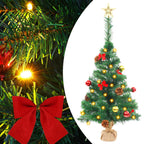 vidaXL Green Artificial Christmas Tree with Ornaments – Includes 20 Energy-Efficient LED Lights and Wooden Base – Indoor and Outdoor Use – 2 ft Height