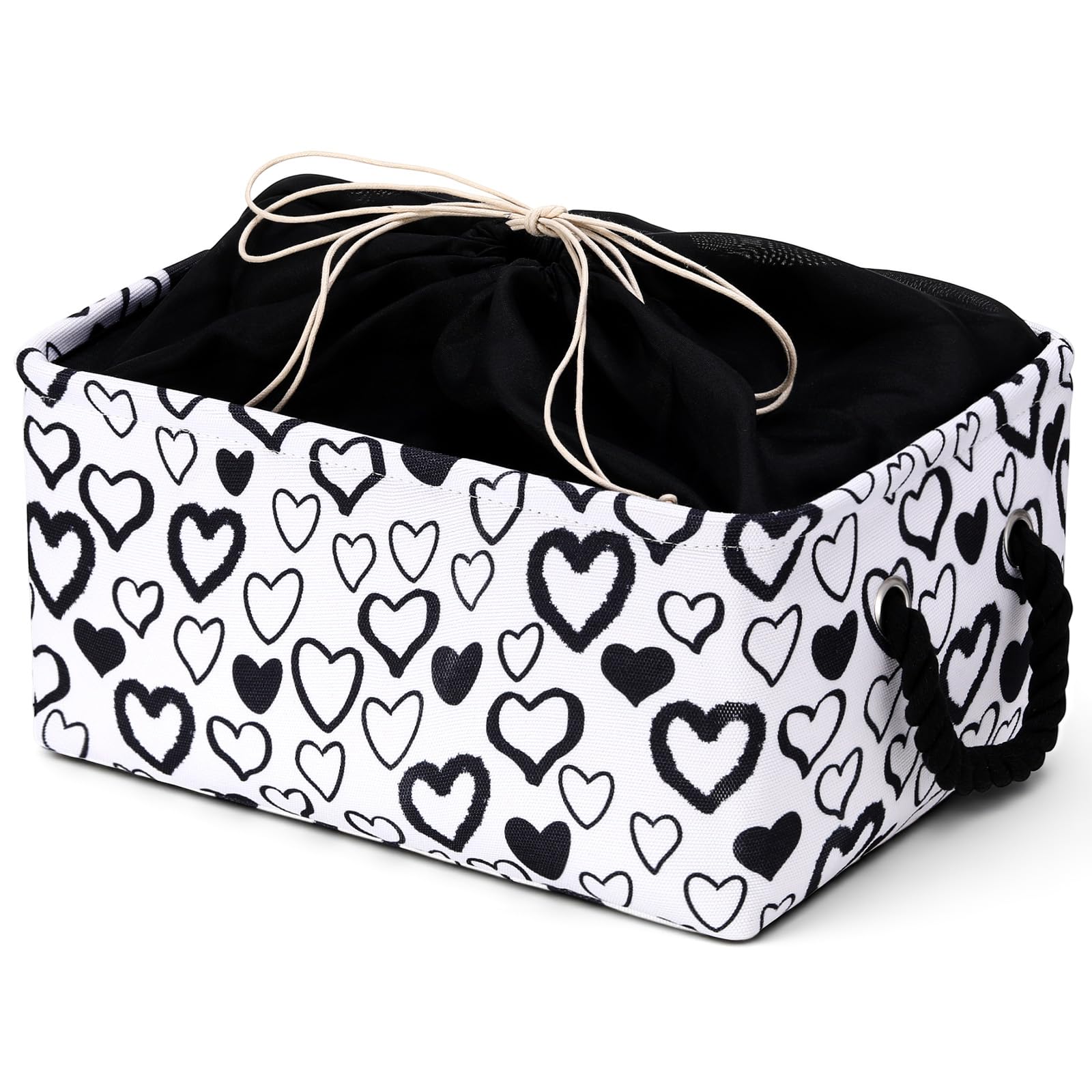 Wonderjune Valentines Day Storage Basket Canvas Fabric Organizer Bin with Drawstring Closure and Handles Heart Gift Basket for 