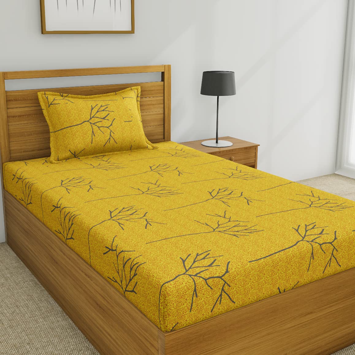Huesland By Ahmedabad Cotton 144 Tc Cotton Single Bedsheet With 1 Pillow Cover  Yellow