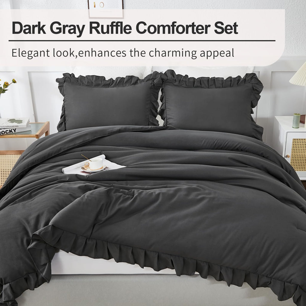 Andency Dark Gray Twin Size Comforter, 2 Pieces Kids All Season Ruffle Bed Comforter Set, Boho Lightweight Solid Farmhouse Shabby Chic Bedding Comforters & Sets (66X90Inch Comforter)