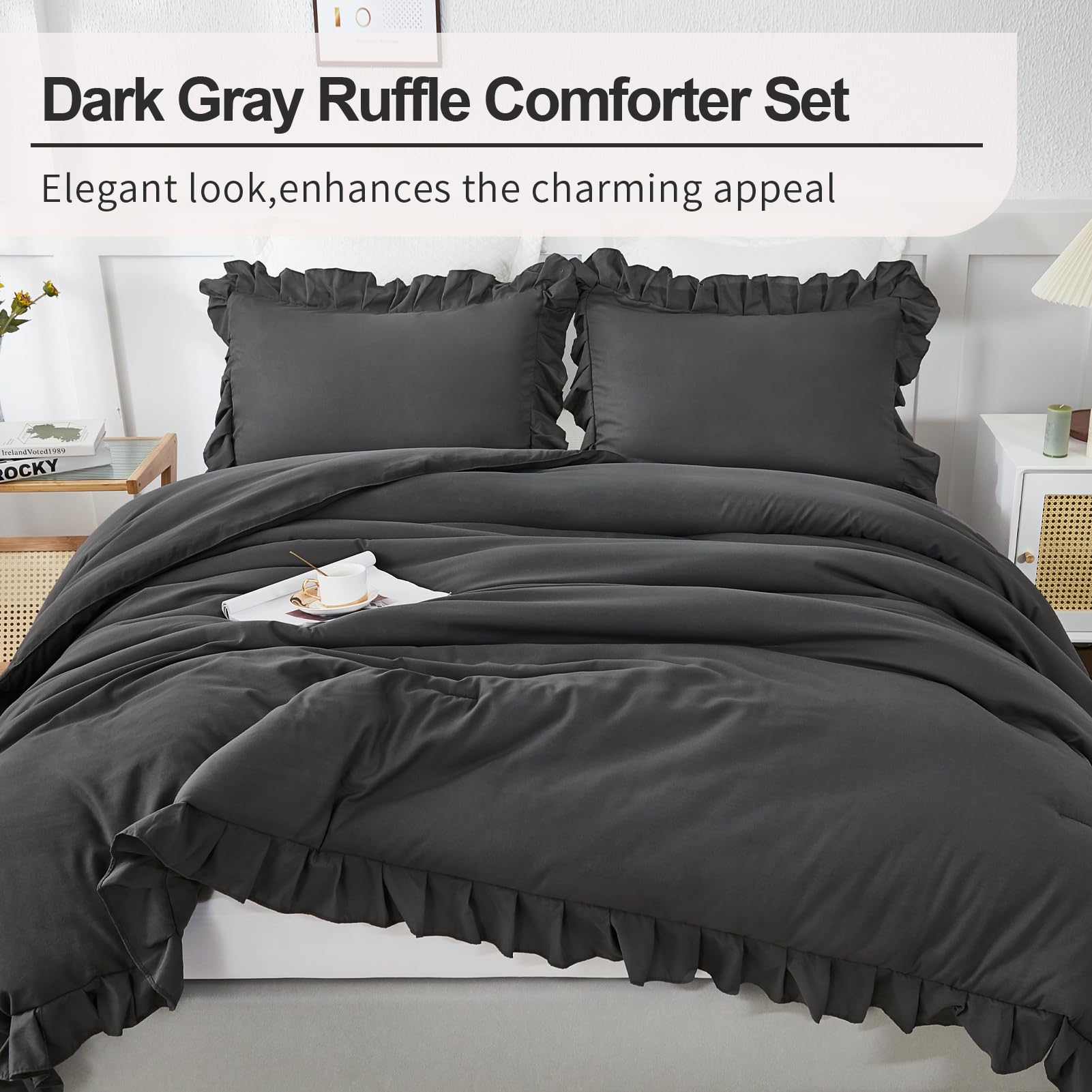 Andency Queen Comforter Set Dark Gray, 3 Pieces Boho Lightweight Summer Solid Bedding Comforters & Sets, Double Women Men Grey Ruffle Farmhouse Bed Set (90X90In Comforter & 2 Pillowcases)