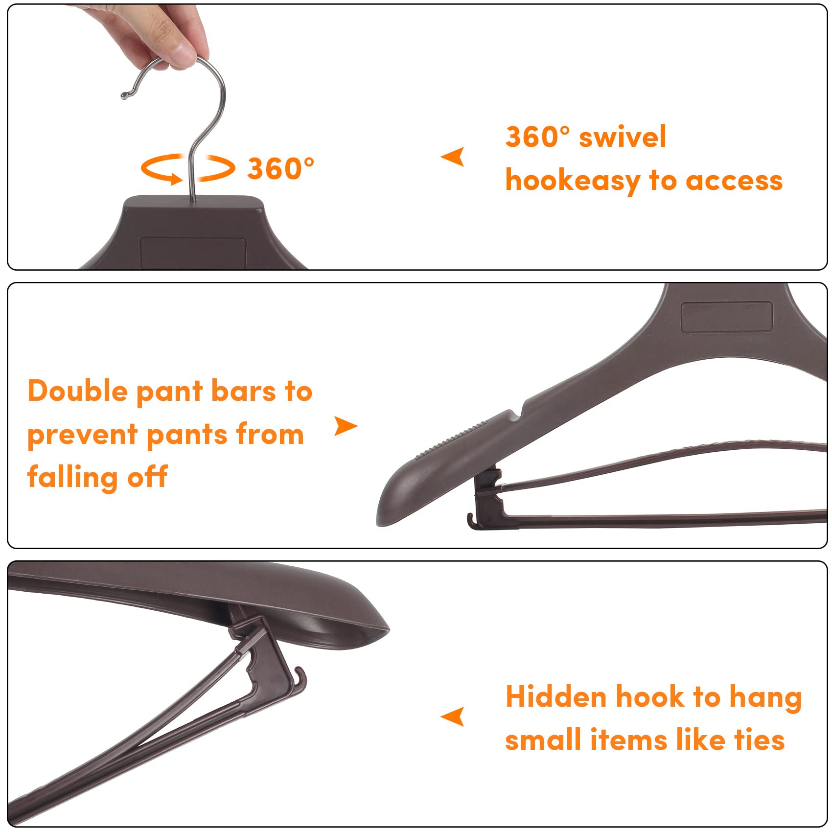 Dedu Suit Hangers For Men 40 Pack, Extra Wide Hangers Non Slip Width 17.7'', Brown Coat Hangers Thick Plastic With Pants Bar 360