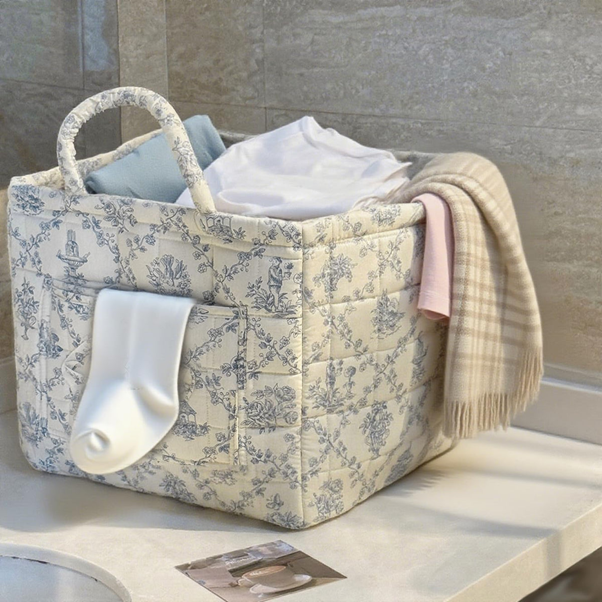 JQWYGB Foldable Laundry Basket Boho Bear Storage Basket Floral Quilted Fabric Car Storage Basket Handles Large Laundry Baskets f