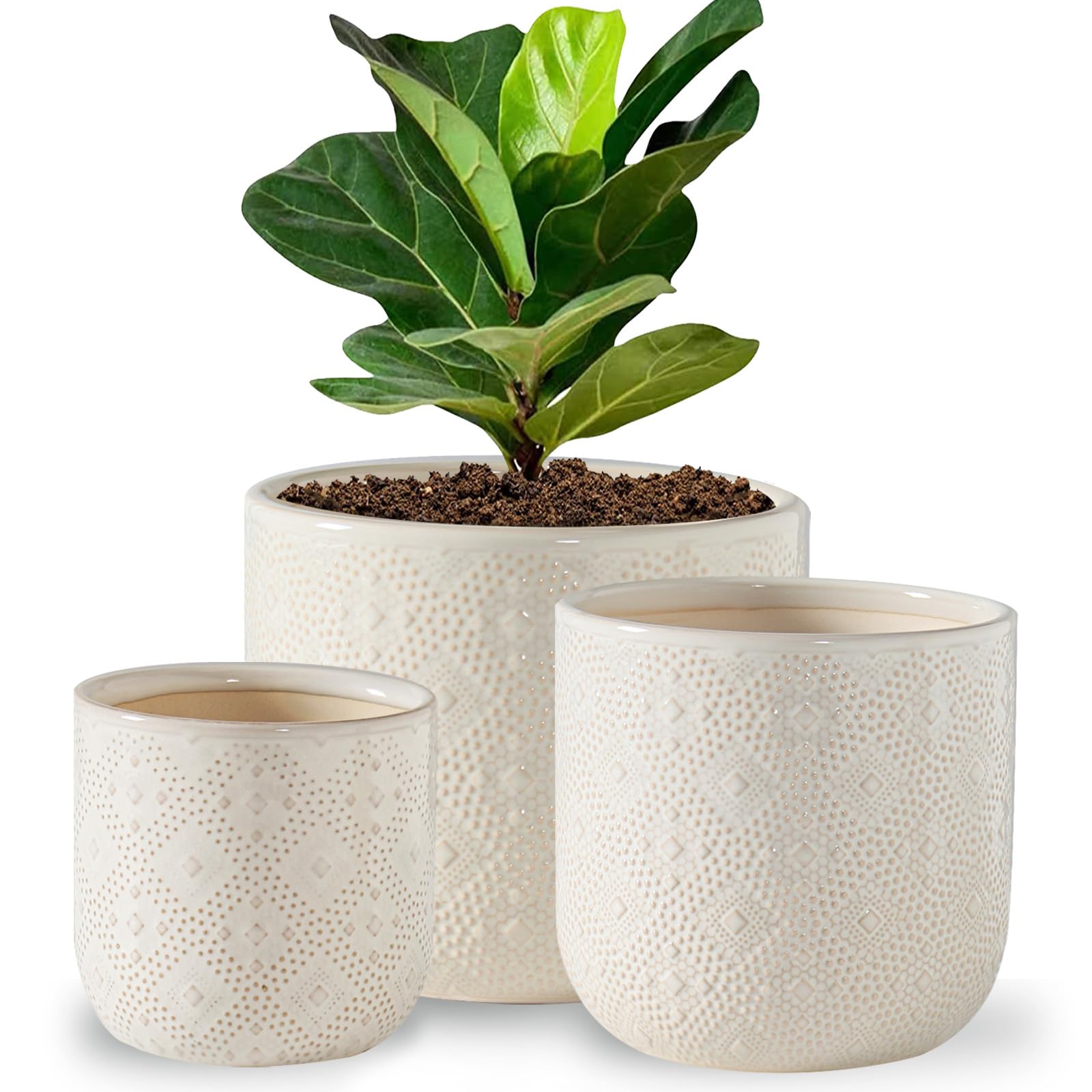 Docrin Ceramic Plant Pots Indoor, 6.5+5.3+4 Inch Planters With Drainage Holes For Home/Office - Set Of 3 / White