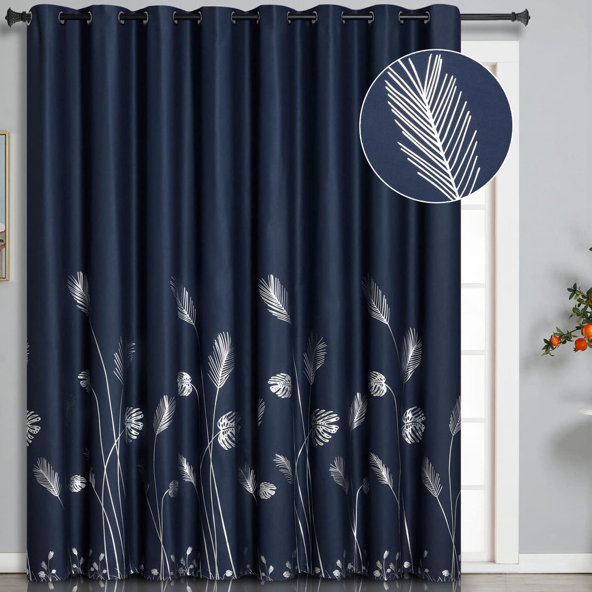 Estelar Textiler Silver Blackout Curtain For Bedroom 100W X 96L Inch Length Palm Tree Design Thermal Insulated Curtain Drape For