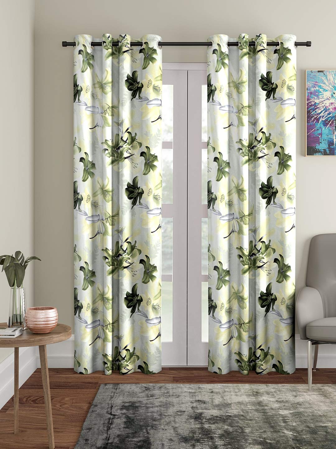 Home Sizzler 2 Pieces 3D Flower Eyelet Polyester Door Curtains  7 Feet, Green | SemiSheer