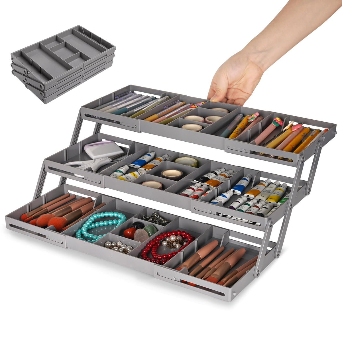 3 Tier Drawer Organizer - Expandable Junk Drawer Organizer Smart Office Supply Organizer, Folding Drawer Storage Multi-Level Des