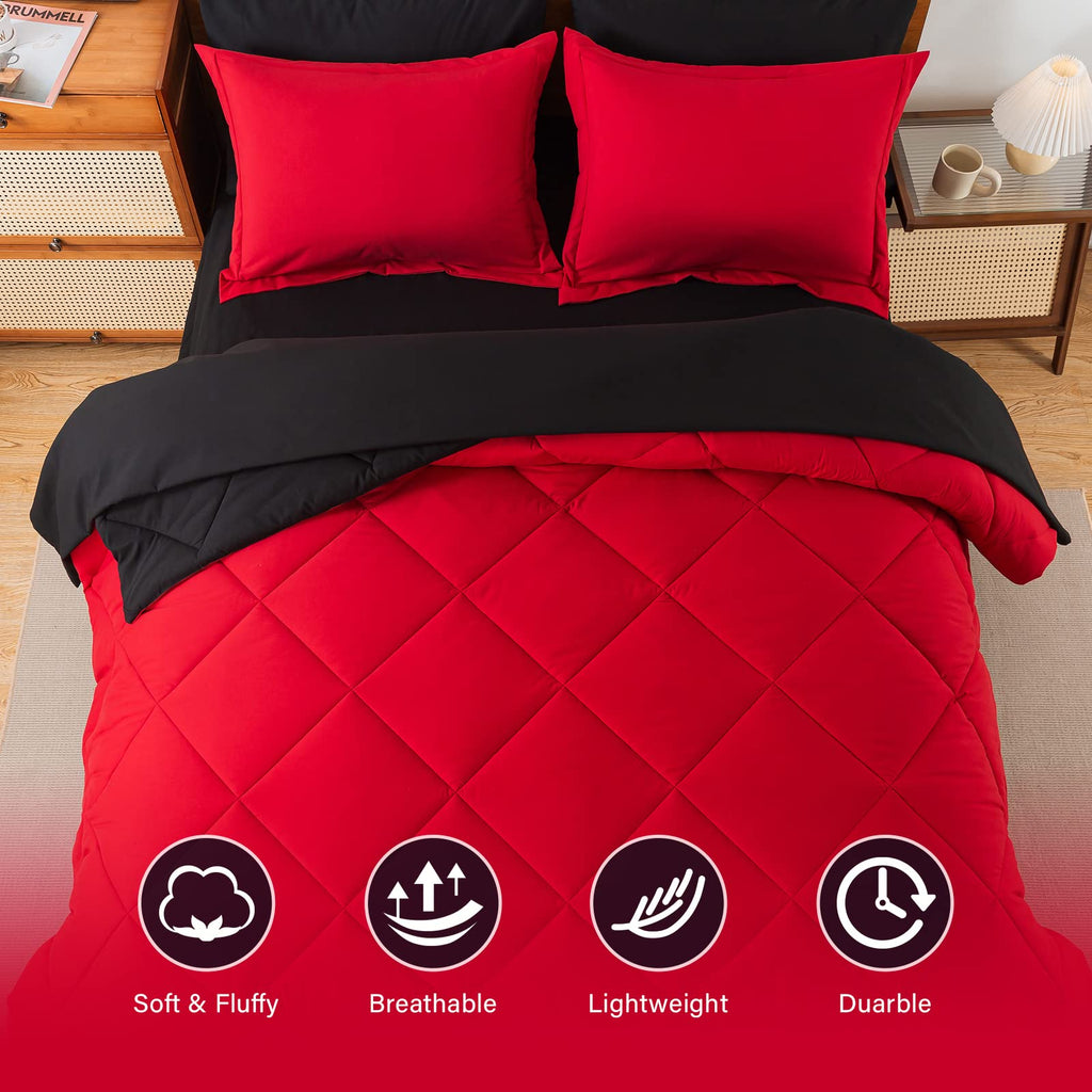 Cosybay Bed In A Bag King Reversible Comforter Sets 7Pcs All Season Down Alternative Bedding Sets Red And Black With Comforter,